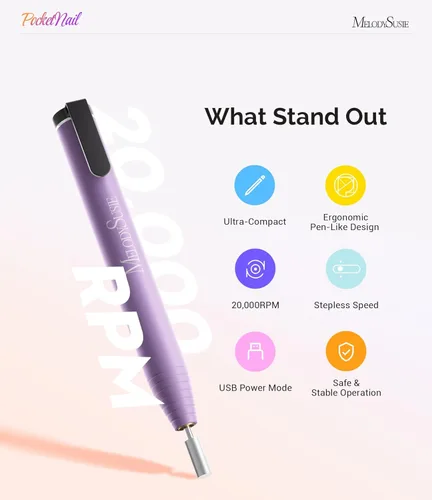 Vista 3 de MelodySusie PocketNail - Taladro de uñas USB delgado ergonómico en forma de bolígrafo, PC100G 20000 RPM, lima eléctrica portátil para todas