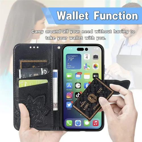 Vista 6 de Funda tipo cartera para iPhone 15, con purpurina de cristal, con soporte para tarjetas, funda de cuero con tapa para teléfono, funda protectora