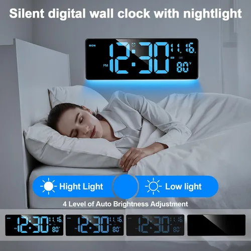 Vista 5 de XREXS Reloj de pared digital con pantalla grande, reloj de pared LED de 16.5 pulgadas con 6 luces nocturnas que cambian de color, DST automático