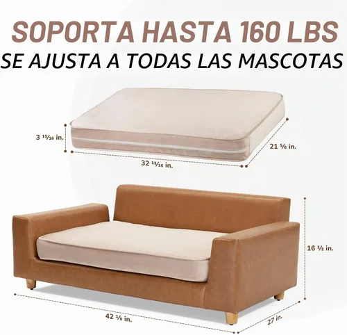 Vista 3 de dCee Sofá cama de lujo para perros, sofá de cuero de lujo de 42 pulgadas para perros grandes, cojín de terciopelo lavable, marco de madera