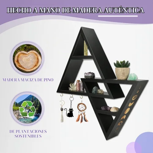 Vista 4 de ANROYE Estante triangular de fases lunares con ganchos, estantes de cristal de madera negra Wiccan para almacenamiento de joyas de mujer, piedra