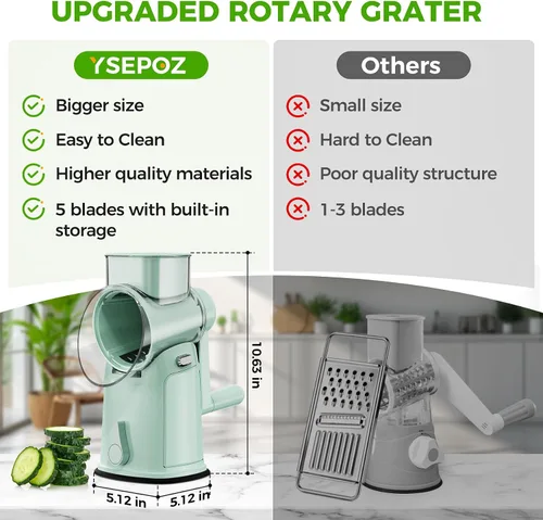 Vista 2 de Rallador de queso giratorio 7 en 1 mejorado con asa, triturador de verduras con ranura de almacenamiento incorporada, 5 cuchillas versátiles, base