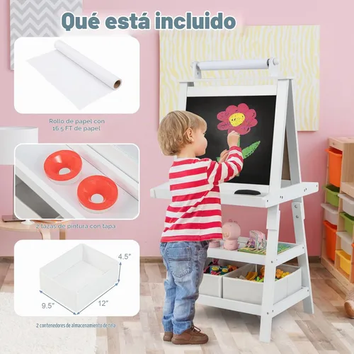 Vista 6 de Costzon Kids Art Easel, 3 in 1 Double-Sided Painting Easel w/Magnetic Whiteboard, Chalkboard & Paper Roll, 2-Tier Storage Rack & 2 Boxes, Standing