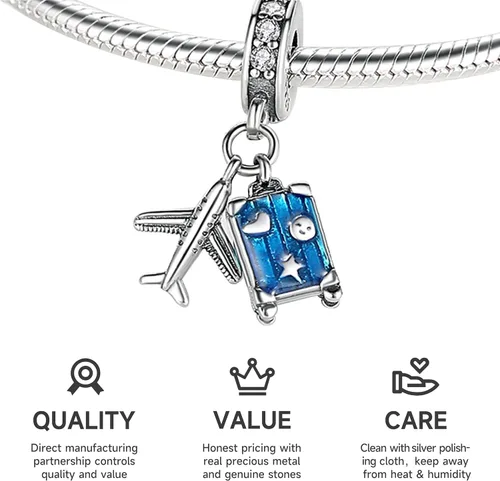 Vista 2 de NUJIFFY Cuentas de plata de ley 925 para pulseras y collares, cuentas de cristal para hermana de pasaporte de avión, pulseras de ángulo de corazón