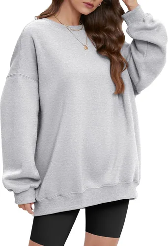 Vista 2 de ATHMILE Sudadera de gran tamaño para mujer, cuello redondo, forro polar, manga larga, sudaderas con capucha, tops de otoño, ropa de moda 2023