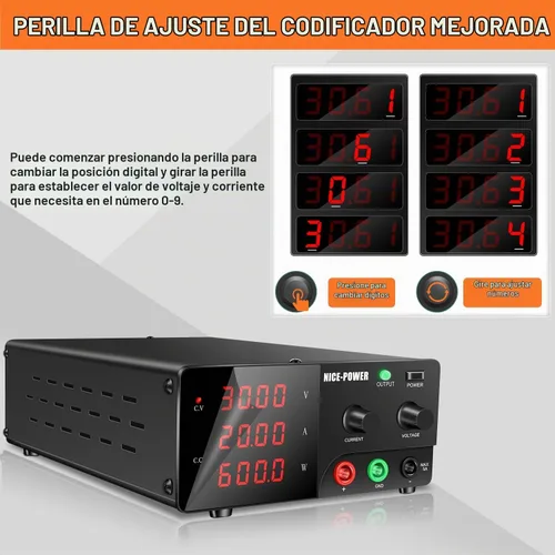 Vista 5 de NICE-POWER Fuente de alimentación de CC variable, 0-30V 0-20A 600W Fuente de alimentación de banco de alta potencia con perilla de codificador e