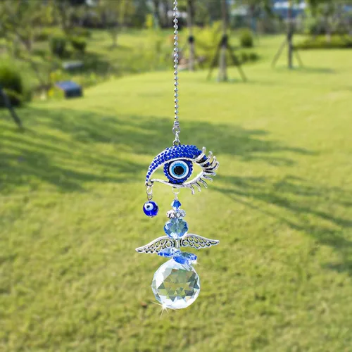 Vista 7 de YU FENG Atrapasoles de ángel de cristal colgante de 12.5 pulgadas y 20 pulgadas de ojo malvado azul colgante de cristales atrapasoles con chakras