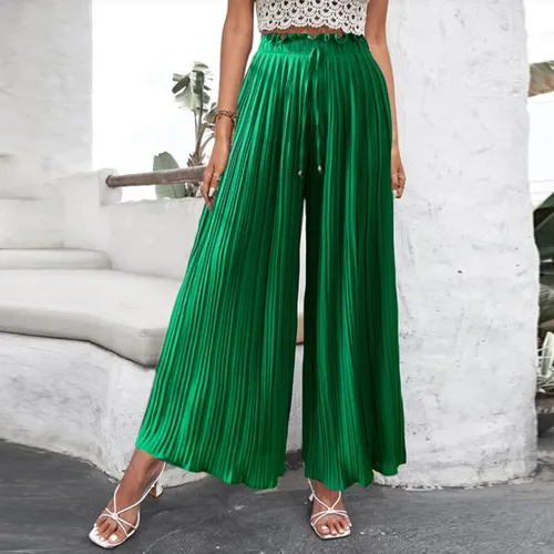 Vista 5 de XINSHIDE Pantalones plisados para mujer pantalones palazzo de pierna ancha pantalones largos de verano casuales con cordón y cintura alta