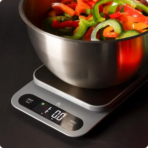 Vista 8 de Greater Goods Báscula digital de alimentos para cocina y hornear, alta capacidad de 22 libras Stainless Steel Platform, Hi-Def LCD, 1g Precision
