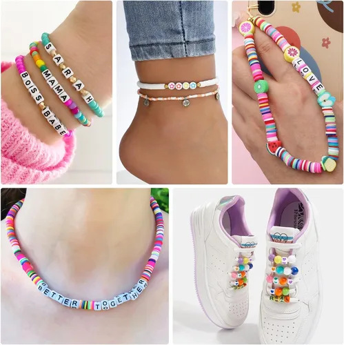 Vista 5 de QUEFE 2000 cuentas de letras en forma de cubo para pulseras, cuentas de números del alfabeto de 9 colores con 1 rollo de cuerda elástica