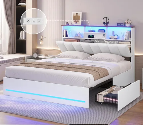 Vista 10 de AOGLLATI - Bastidor de cama tamaño completo con elegante cabecero tipo estantería y estación de carga y luces LED, bastidor de cama tamaño completo