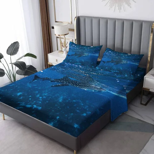 Vista 8 de Juego de sábanas de tiburón tamaño individual, sábanas de animales oceánicos, sábanas y fundas de almohada estampadas de 3 piezas, sábana bajera