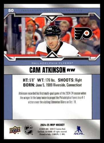 Vista 2 de 2024-25 Upper Deck MVP #50 Cam Atkinson Philadelphia Flyers NHL Hockey Base Trading Card