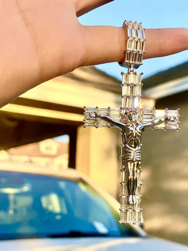 Vista 2 de Colgante de oro blanco 925 con diseño de cruz de Jesús helado, para hombre y mujer, colgante helado, pequeño, mediano, grande
