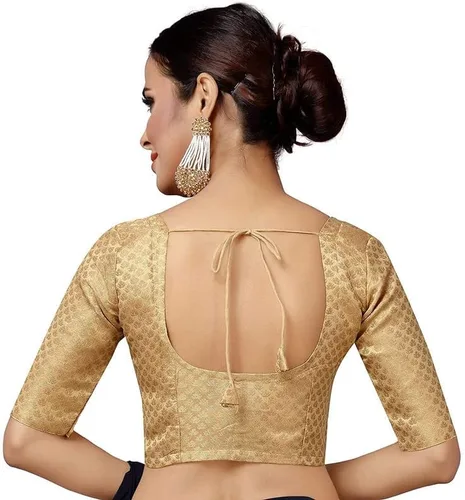 Vista 3 de Mujeres partido desgaste Bollywood poliéster brocado Readymade estilo sari blusa codo mangas