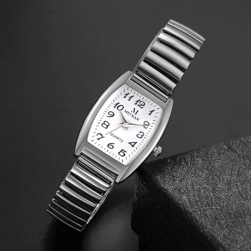 Vista 4 de Lancardo Reloj de pulsera con correa elástica para parejas, esfera de números grandes, correa elástica, rectangular, fácil de leer