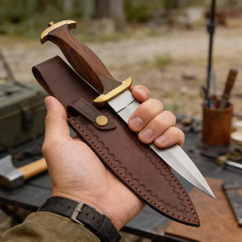 Vista 6 de SZCO - Cuchillo de caza de espiga completa de 15 pulgadas, cuchillo de daga del siglo XIV con mango de madera marrón, hoja de acero inoxidable