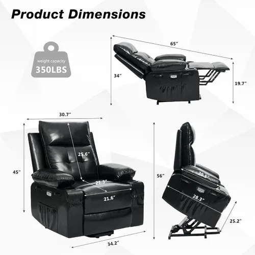 Vista 2 de Silla reclinable eléctrica para personas mayores con masaje y calor, piel sintética, reclinable eléctrico con puertos USB, portavasos, bolsillos