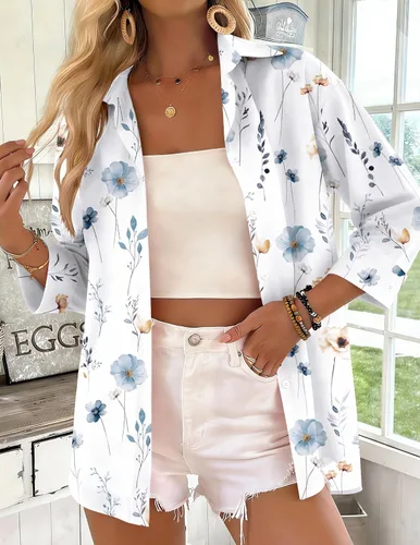Vista 3 de Zeagoo Camisas con botones para mujer, manga 3/4, cuello en V, blusas con cuello en V, trajes casuales de negocios