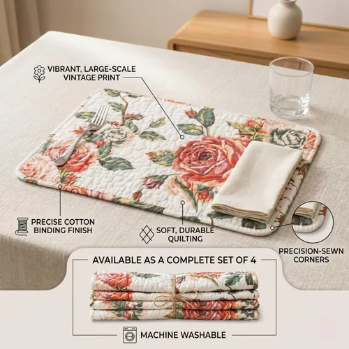 Vista 3 de DaDa Bedding - Juego de 4 manteles individuales para mesa de comedor, diseño de rosas románticas, de algodón, acolchado, para jardín, casa de campo