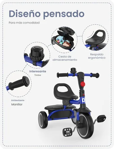 Vista 6 de besrey Triciclo para niños pequeños con campana, triciclo para niños de 18 meses a 5 años, triciclo para niños, bicicleta para niños de 1.5 a 5