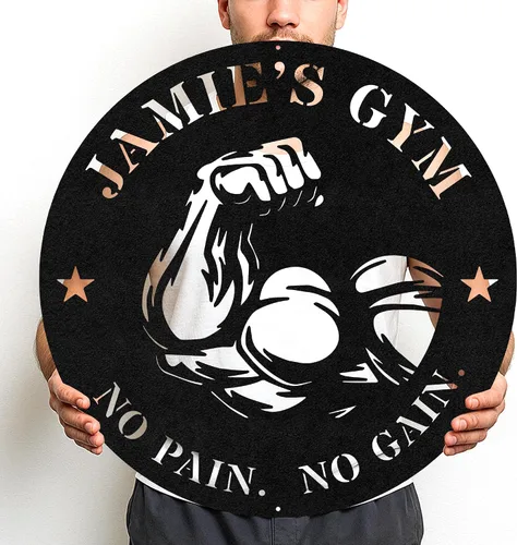 Vista 27 de Cartel de metal personalizado para gimnasio con nombre, arte de pared para sala de entrenamiento en casa, garaje, espacio de fitness, decoración