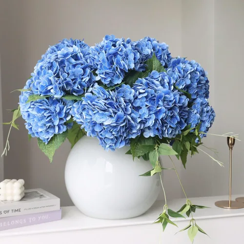 Vista 7 de 4 hortensias artificiales de 21 pulgadas de color azul sintético, flores de hortensias de seda de tacto real con tallos para novia, boda, fiesta