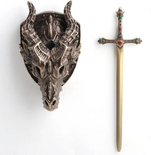 Vista 5 de Veronese Design 6 1/4 Dragon Skull Trofeo Espada Vaina Escultura de pared de resina Acabado Bronce Abrecartas