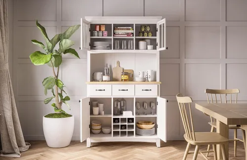 Vista 7 de Homestyles Buffet de Buffets Servidor Blanco Roto con Hutch y Tapa de Madera Natural