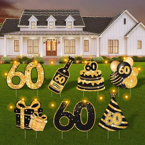 Vista 12 de Decoraciones de cumpleaños número 13 para niñas - 7 piezas de letreros de cumpleaños rosas para el patio con estacas, 2 piezas de luces LED Rosa 13