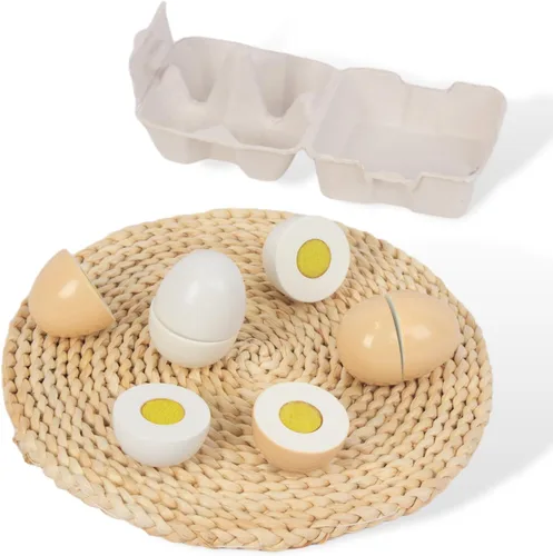 Vista 3 de Huevos de madera, 4 piezas de juguetes para cortar huevos de Pascua, juego de comida de madera para jugar a fingir, juegos de comida de juguete