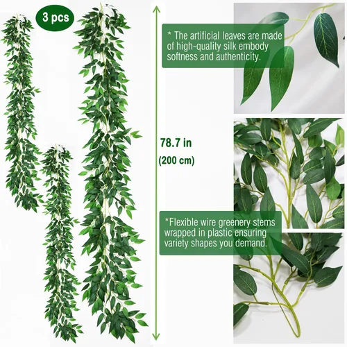 Vista 2 de 3 hebras de vides de Ruscus italiano artificial de 78" de seda, guirnalda de vegetación italiana de Ruscus verde con hojas verdes, vides