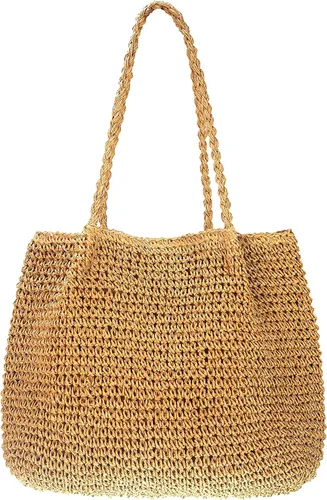 Vista 2 de JI YA LI Bolso de playa de paja suave tejida a mano, bolso de mano casual vintage de ratán bolso de mano bohemio Wowen Tote Basket Bolsa