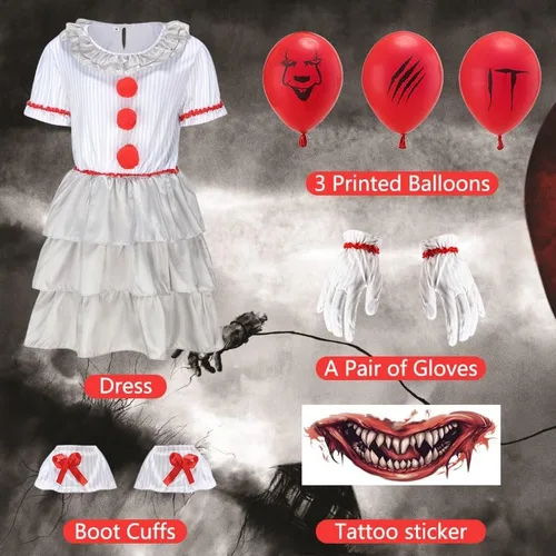 Vista 2 de Disfraz de payaso aterrador para niñas, disfraz de Halloween espeluznante película de terror para cosplay