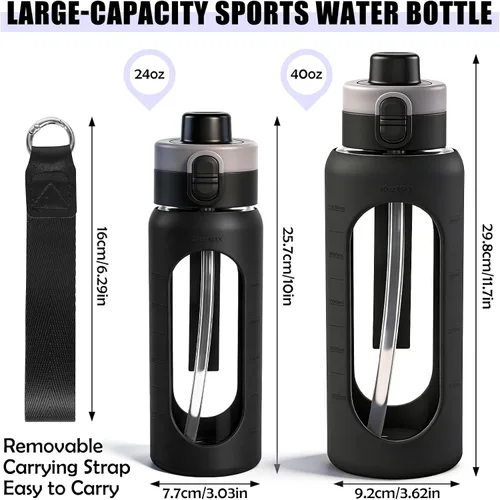 Vista 2 de ANOTION Botella de agua de vidrio de 24 onzas con popote y funda de Negro