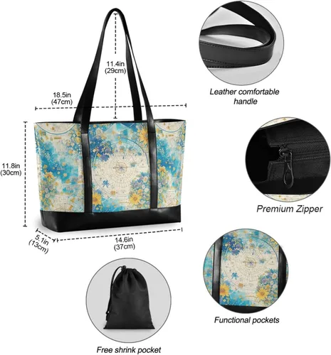 Vista 4 de Abstracto Reloj Redondo Estilo Flores Amarillas Bolsa de lona simple para portátil con cremallera Bolso grande para Viajes Piscina Natación Playa