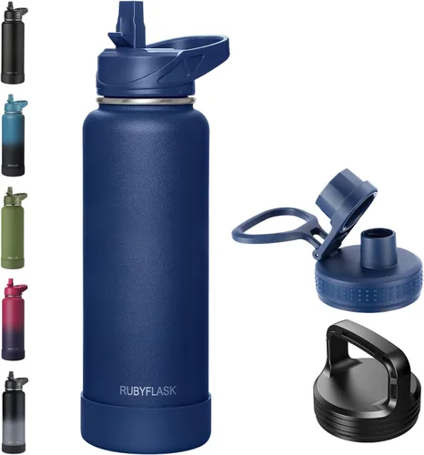 Vista 30 de RUBYFLASK - Botella de agua aislada con pajilla, jarra de agua al vacío de acero inoxidable, 24 onzas, botella con 3 tapas a prueba de fugas