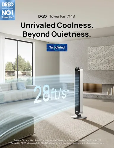 Vista 2 de Dreo - Ventilador de torre para dormitorio, ventilador oscilante de 42 pulgadas 120°, motor DC silencioso de 25dB, ventilador de pie sin aspas de 28