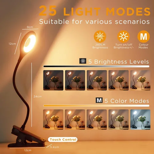 Vista 2 de Akynite Clip en la lámpara de escritorio LED 5 brillo+5 colores lámpara