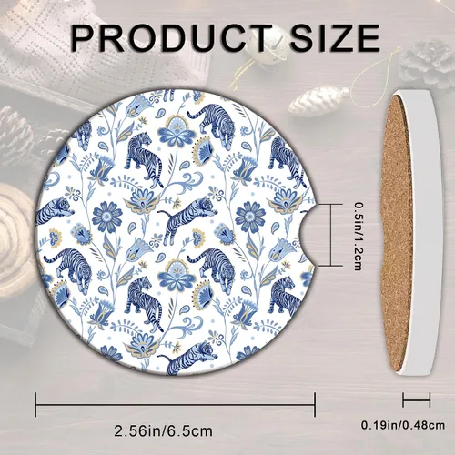 Vista 2 de Blue Tigers and Folk Flowers - Paquete de 2 posavasos para portavasos, cerámica de 2.56 pulgadas y base de corcho antideslizante absorbente