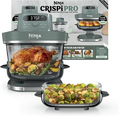 Vista 15 de Ninja Crispi Pro - Freidora de aire de vidrio 6 en 1 Recipientes y tapas de 450 °F, no tóxico, de 6 cuartos y 2.5 cuartos de galón Microondas
