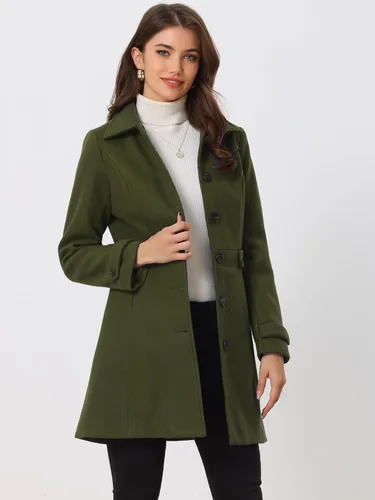 Vista 2 de Abrigo clásico de invierno con bolsillos de Allegra K para mujer; chaquetón de botonadura sencilla Verde militar