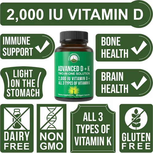 Vista 3 de Peak Performance Vitamina D avanzada de 2000 UI con los 3 tipos de vitamina K, vitamina D3 y vitamina K2, K1, MK-7 (MK7), suplementos MK4 - 60