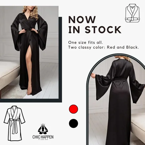 Vista 6 de Bata tipo kimono de satén con bolsillos, bata de satén para mujer, acogedora bata larga de satén para mujer, bata de lujo