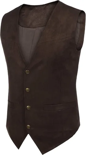 Vista 2 de COOFANDY Chaleco de traje de cuero de gamuza para hombre, chaleco occidental casual, chaleco ajustado