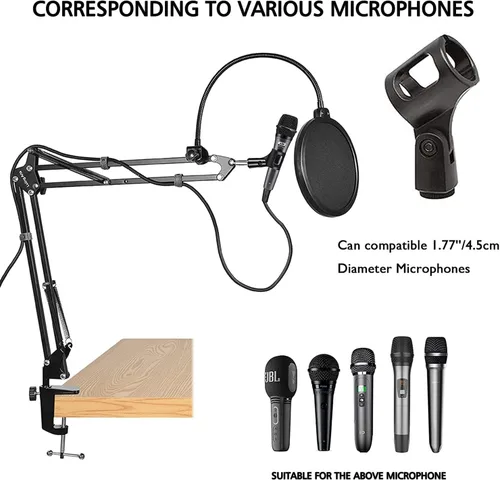 Vista 3 de Soporte de micrófono para Blue Yeti, soporte de micrófono de tijera Quadcast con brazo de boom, parabrisas y filtro pop de pantalla doble capa
