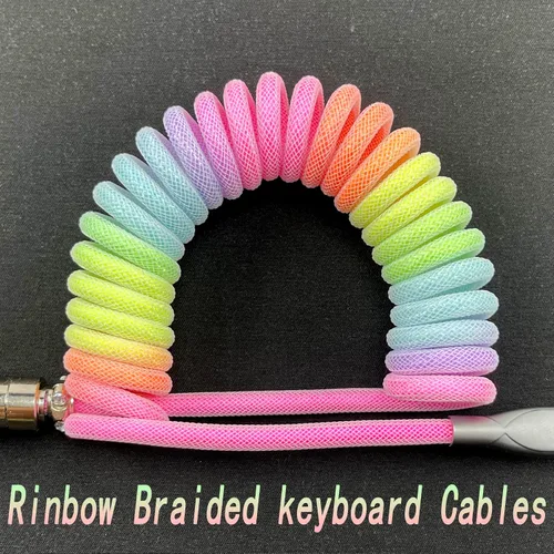 Vista 5 de Cables de teclado trenzados de 1.5 m en espiral tipo C a USB A con conector de aviador desmontable. Para teclado de juegos/tableta (arcoíris)