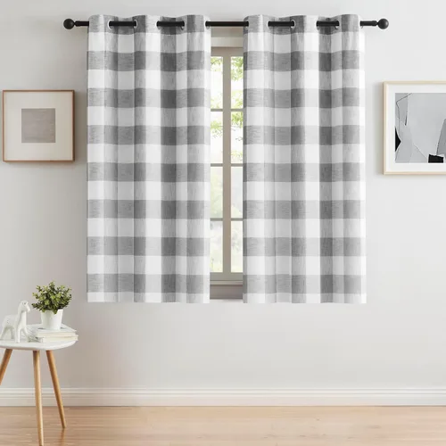 Vista 21 de Cortinas cortas de lino texturizado con diseño de búfalo blanco y negro a cuadros, 100% opacas con forro, paneles de estilo granja