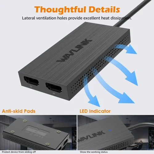 Vista 6 de WAVLINK Adaptador USB 3.0 o USB C a HDMI dual, divisor HDMI con pantalla extendida para monitores duales, compatible con 3 pantallas separadas