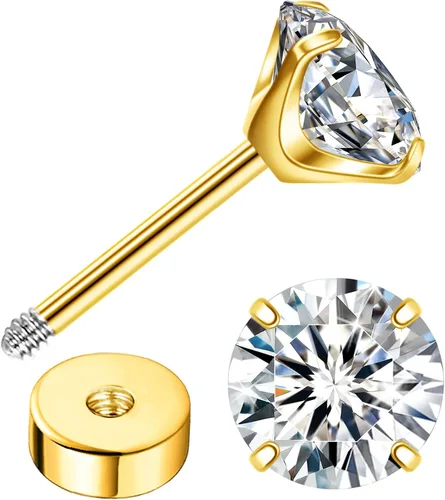 Vista 15 de Enticera G23 Aretes de Titanio 5A+Circonita Cúbica Aretes de Botón con Parte Trasera Plana Aretes Hipoalergénicos de Oro 14K Aretes 2-5MM